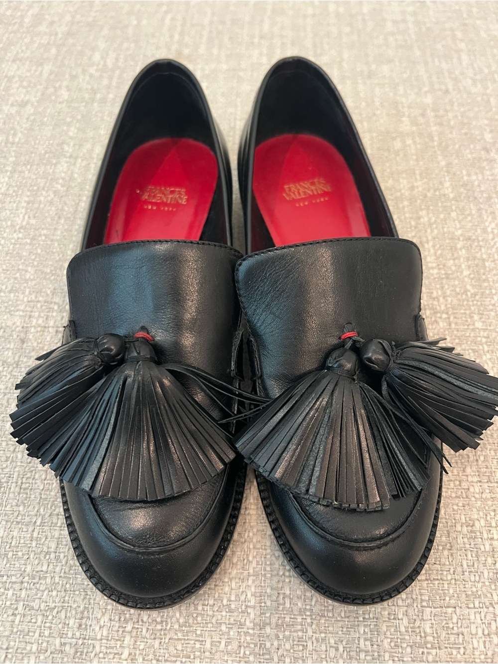 Frances Valentine Italy Black Leather Tassel Loafers Shoes with Red Insole 6.5